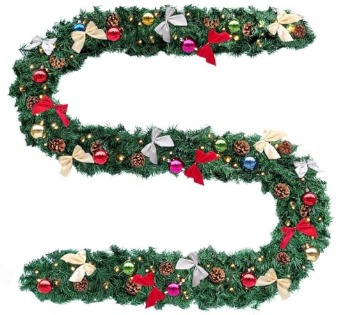 Baunsal® Weihnachtsgirlande Tannengirlande Girlande grün 5 m mit bunter Deko und Led Lichterkette mit Batteriebox und Fernbedienung Girlande Weihnachten Weihnachtsdeko Tannengirlanden