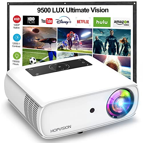 HOPVISION Proyector Portátil, Proyector 4K Supporto Cine en Casa, 9500Lumens Proyector Bluetooth Full HD 1080P, Mini Proyector Compatible con Fire Stick/Smartphone/PS5/HDMI, Pantalla de 100 Incluida