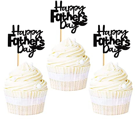 Blumomon 24 Pack Happy Father's Day Cupcake Toppers Black Glitter Dad Cake Toppers Mustache Paper Cake Picks for Fathers Day Party Favor Supplies