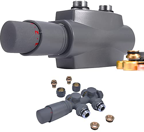 Multiblock mit Thermostat, Hahnblock Eck und Durchgangsform für Radiatoren Bad Heizkörper Mittelanschluss Ventil-Armaturen Anschlussarmatur Heizungszubehör Ventil Thermostatkopf, G1/2 3/4, Anthrazit