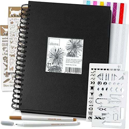 Lobome Fotoalbum zum Selbstgestalten, A4 mit 90 Schwarzen Seiten, Scrapbook Zubehör, Schablonen, Aufkleber & Stifte | Fotobuch mit anpassbarem Einband, getrennt durch Pauspapier