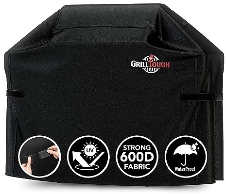 GrillTough Hochleistungs-Grillabdeckung für Außengrills – Wasserdicht, wetterbeständig, UV- und lichtbeständig mit verstellbaren Riemen – Gasgrillabdeckung für Weber, Charbroil (152L x 71W x 112H cm)