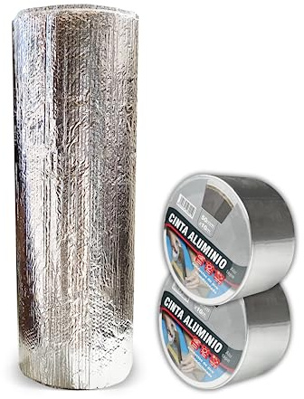 Aislante Térmico Reflexivo de Aluminio y Burbujas 1x20 m (20 m²) + 2 Rollos Cinta de Aluminio 50 mm x 10 m - Frío y Calor - Viviendas, Caravanas, Campers, Buhardillas, Uso Industrial