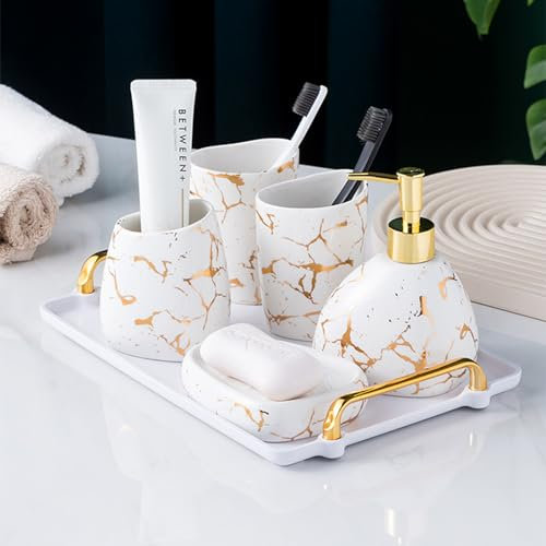 XYQXYQ Set di accessori da bagno in ceramica bianca, decorazione da bagno effetto marmo oro, set moderno di 6 accessori da bagno, completo di dispenser di sapone, portaspazzolino, bicchiere, vassoio