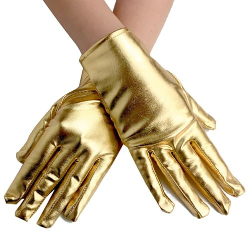 Yurosiay Kurz Metallic Handschuhe Glänzend Lackleder Handschuhe Mode Punk Handschuhe Tanzhandschuhe Glitzer Metallische Abendhandschuhe Opernhandschuhe für Party Cosplay Kostüm 23cm Gold