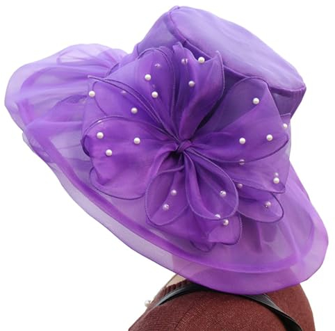 ZESLIV Damenhut Organza Hut Hochzeit Anlasshut Brauthut Sonnenhut mit Organza Blumen Perlen Sommerhut Sonnenschutz Strandhut, Lila