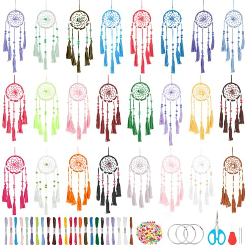 INFUNLY 24PCS DIY Small Dream Catcher Kits for Beginners Colorful Handmade Dreamcatcher Kit for Starters DIY Mini Ornament Making Kit for Bedroom Car Mirror Keychain bag Bohemian Decoration Craft Gift
