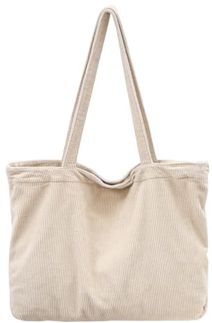 ONCCI Unisex Schultertasche Damen Tote Bag, Cordtasche Groß Umhängetasche Shopper Handtasche Casual Crossbody Bag für Schule Uni Büro Arbeit Reisen Ausflug Einkauf (BEIGE)