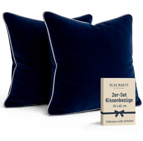 Blau Marité Kissenbezüge 45x45 cm – 2er Set aus weichem Samt – Dekokissen mit kontrastierendem Rand – Dunkelblau & Grau – Ohne Füllung