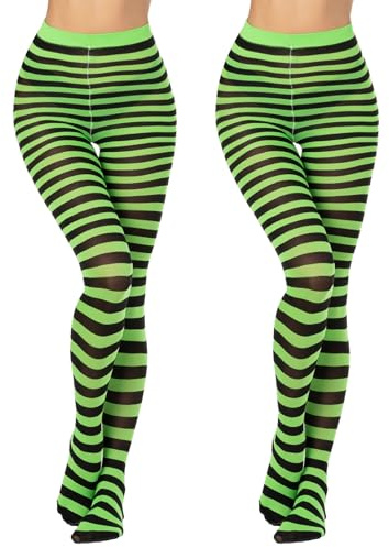 MANZI Horizontal Gestreift Strumpfhose für Damen Halloween Weihnachten Neuheit Semi-Blickdichte Strumpfhose 2 Paar (Schwarz + Grün Gestreift Einheitsgröße)