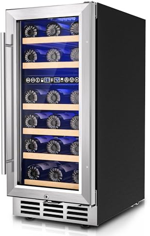 Icyglee 15 Inch Dual Zone Wine Fridge, 30 Bottles Under Counter Wine Cooler Refrigerator with Double-Layer Glass Door for Home Office Bar, Built-in Wine Refrigerator with security lock,40-65°F