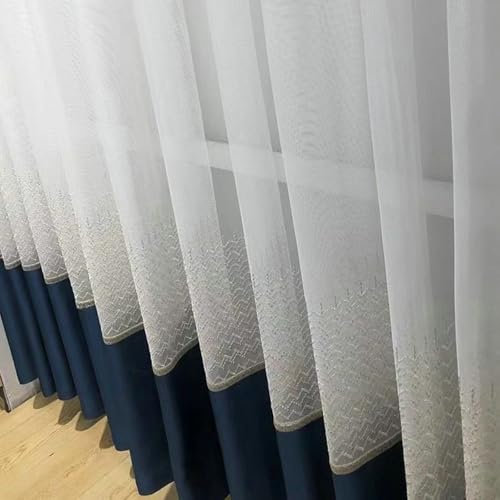 Küchengardinen Modern Vorhang Blau Voile 2er Pack Wellen Besticktes Patchwork H244 x B132 cm (2er Pack) Gaze