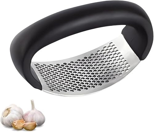 PARENCE.- Prensa de ajo multifuncional de acero inoxidable - Molinillo de ajo pequeño y compacto con mango ergonómico - Negro