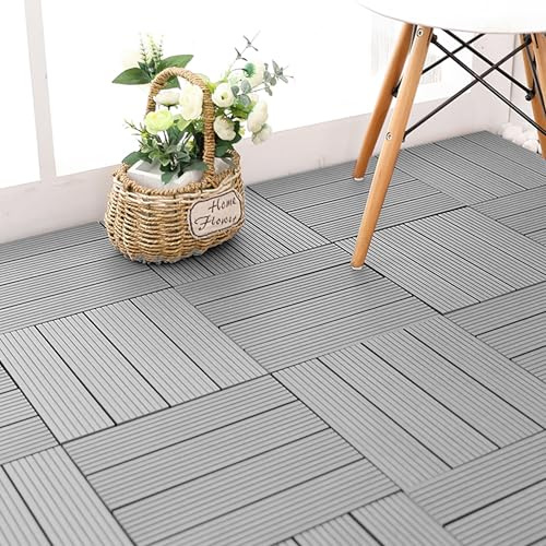 PEILU WPC Terrassenfliesen 30x30cm Holzoptik Klickfliese Platten mit Plastik Entwässerungsnetz Wetterfeste Balkonfliese 11er Set Bodenbeläge für 1m² Außen Balkon Terrasse Garten Teiche (Grau)