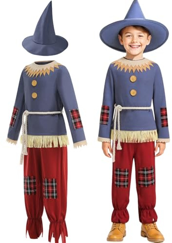 maxToonrain Costume spaventapasseri per bambini, con cappello di paglia, set spaventoso con accessori, vestito per Halloween per la Giornata mondiale del libro (blu, S3-4Y)