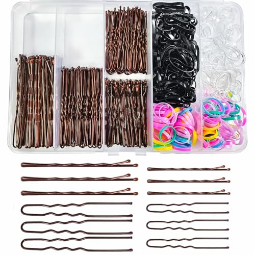 Hanyousheng 650 Pièces Epingle Cheveux Femme, Métal épingle à Cheveux,100 Pince Cheveux, 100 Pince Chignon U, 450 Bandes de Cheveux, avec Boîte de Rangement, Marron