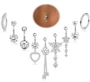 YADOCA 14G 9 Piezas Piercing Ombligo Acero Quirurgico Plata/Oro, CZ Clicker Colgante Piercing Ombligo Anillo para Mujeres