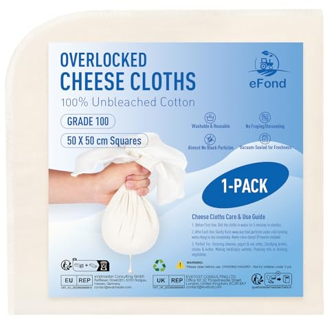 eFond Cheese Cloths for Straining with Overlocked Edges, 50x50cm (1-Pack) | Grade 100 Ultra Fine Mesh Cheesecloth for Straining Butter, Nut Milk. Reusable Muslin Cloths for Cooking, Roasting Turkey