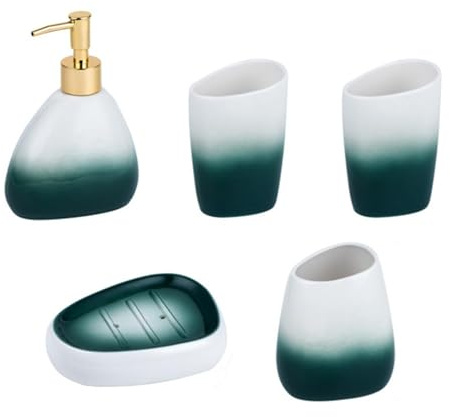 Juego de accesorios de baño, dispensador de jabón, 5 piezas, incluye plato de cerámica y 2 soportes para vasos para cepillos de dientes, diseño de mármol dorado, decoración estética (verde A)