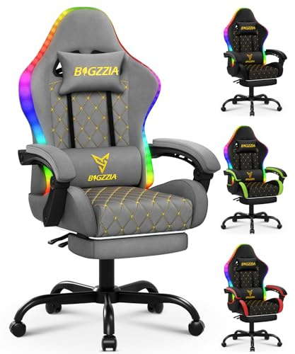 Bigzzia Gaming Chair with Lights Computer Game Chair RGB Led, PU Leather Video Game Chair for Adults with Footrest (Grey, With RGB chair) | PU Leather, tilt 90°-155° with Footrest for Nap, up to 150kg, Rainbow Lights for Adults