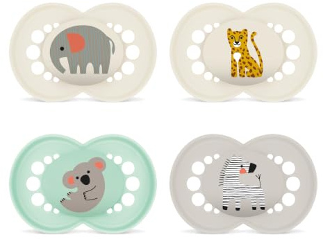 MAM Original Schnuller 16+ Monate, 4er-Set, Elefant/Leopard | Zahnfreundliche symmetrische Sauger-Form aus weichem MAM SkinSoft Silikon, angenehm für empfindliche Babyhaut, 4 im Set
