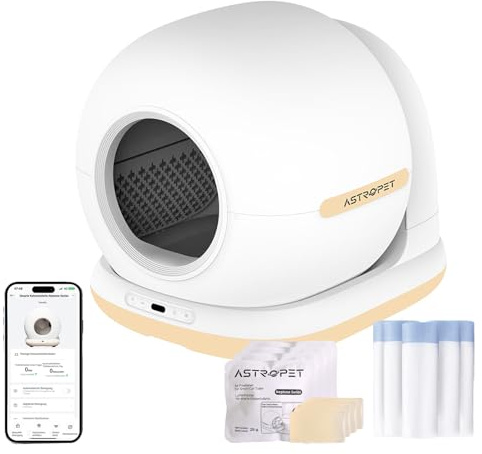 AstroPet Neptune Selbstreinigendes Katzenklo Set – Automatische Katzentoilette mit App-Steuerung, UV-Sterilisation und Geruchskontrolle – Inklusive 4X Lufterfrischer und 75 Abfallbeutel – Bis 8 kg