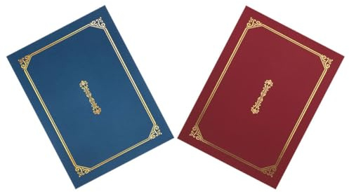 FONDOTIN Portadocumentos A4 para Diplomas, 2 Unidades Cubiertas Rígidas en Burdeos y Azul Marino Estampado Dorado, Carpetas para Certificados Escolares, Protectores de Documentos Formales