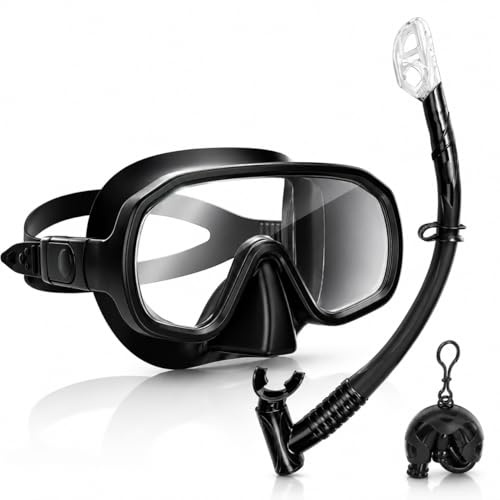 Qingning Set da Snorkeling con Boccaglio per Adulti, Maschera Subacquea con Panoramica 180°HD, Maschera Snorkeling Antiappannamento e Anti-Perdite, Maschera per Immersioni con Sacchetto a Rete, Nero