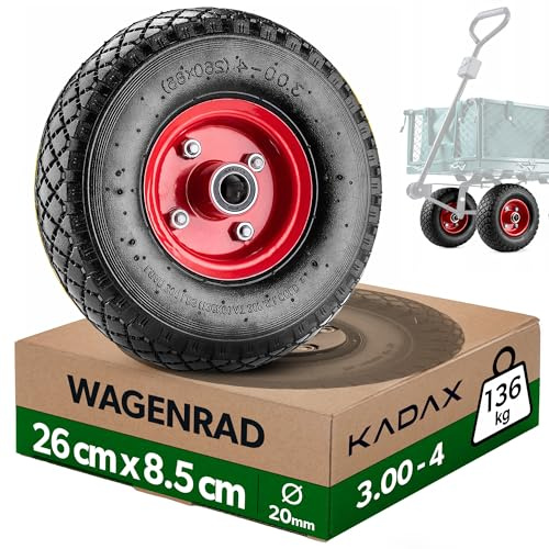KADAX Schubkarrenrad 260 x 85 mm, Luftreifen 3.00-4 auf Metallfelge, Ersatzrad mit Autoventil für Schubkarren, Schubkarre Rad mit 20 mm Achsbohrung
