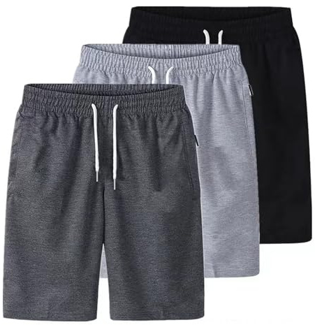 Men's 3 Pack Jersey Shorts Multipack Knee Length Sweat Shorts with Zip Pockets Elasticated Drawstring Waist Casual Lounge Jogger Shorts Loose Fit Summer Holiday Activewear Bottoms