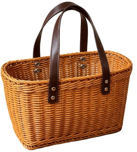 Jordbruks marknadskorg, handvävd korg med handtag, lätt bärkasse för matvaror, picknick, blomstersamling, ljusbrun, 33 x 9,5 x 20 cm