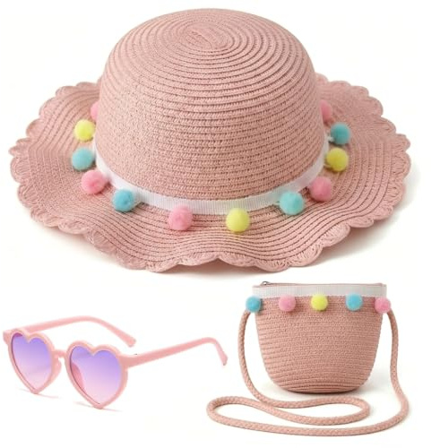 Girls Summer Straw Hat and Bag Set with Sunglasses – 3-Piece Kids Beach Accessories, Sun Protection Hat with Adjustable Strap, Mini Woven Purse Eyewear for Holiday Travel