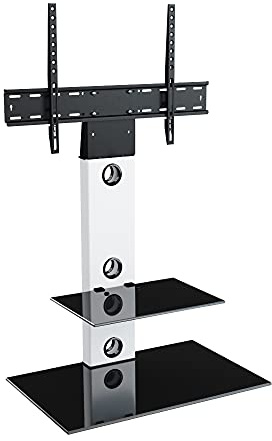 MAHARA Universal Column TV Stand - for 32 to 65 inch TVs-Freestanding white tall floor stand with black glass shelves and cable management-Height adjustable and suitable for corners-Max Weight 40kg