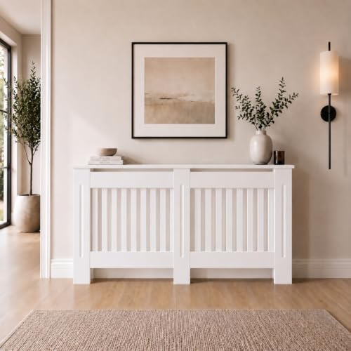 DuraTherm® Radiator Cover White Painted Modern Vertical Slat Shelves MDF Cabinet Shelf for Radiators, Living Rooms, Bedrooms, Large (W: 152cm / H: 81.5cm / D: 19cm)