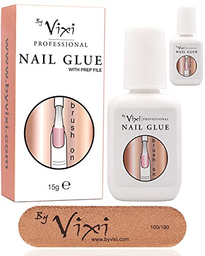 2x 15g By Vixi EXTRA STRONG NAIL GLUE with BRUSH and FREE PREP FILE Clear Instant Dry Adhesive, Professional Salon Quality