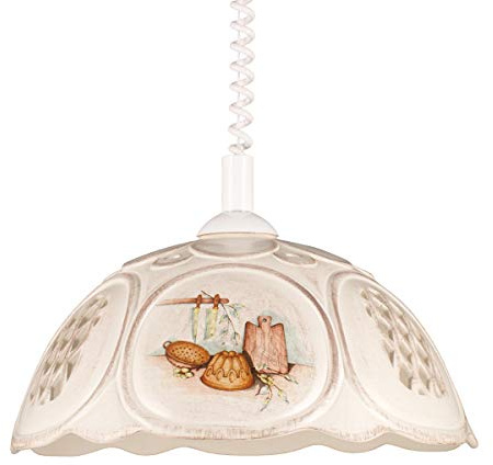 Pendellampe Küchenlampe Keramik beige höhenverstellbar Landhausstil | Helios Leuchten 207064 Pendelleuchte Deckenlampe handgefertigt Dekor Küchen-Motiv für Esstisch höhenverstellbar 1 x E27