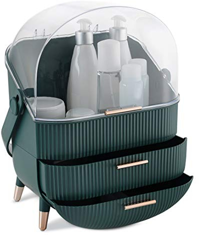 Navaris Make-Up Organizer - Aufbewahrung für Kosmetik - Ordnungssystem mit 2 Schubladen - tragbare Aufbewahrungsbox für Bad oder Schminktisch - Grün