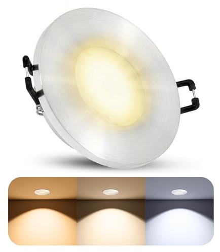 SSC-LUXon BEDA Bad Einbauspot rund Alu dimmbar IP65 6W 3 Lichtfarben | Dimmbarer Bad-Deckenspot rund silber gebürstet - warm / neutral / tageslicht, wasserdicht IP65, für Bad, Dusche & Terrasse