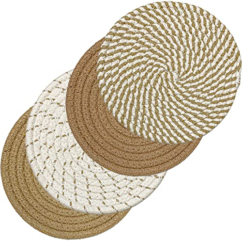 Svkiyang 4 Stück Topfuntersetzer Set Untersetzer Baumwolle Faden Weben Matte Heißer Topf Halter Topflappen,4 Farben Runde Geflochtene Untersetzer Topf Heiß Pads Löffelablage zum Kochen in Küche…