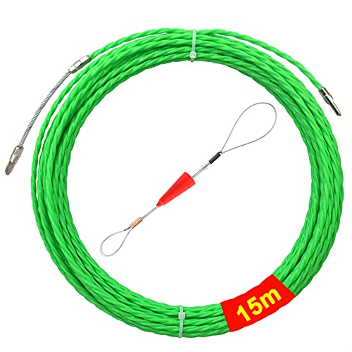 Akuoly Guia Pasacables Alambre Retráctil en Espiral de 15M, Fish Tape de Poliéster Diámetro 4,5mm, Ideal para Colocación de Cables, Color Verde