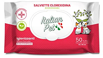 Italian Pet - Salviette Biodegradabili alla Clorexidina per Cani e Gatti | Pulizia e Disinfezione di Zampe, Orecchie, Occhi e Manto | 50 pz 15x19 cm