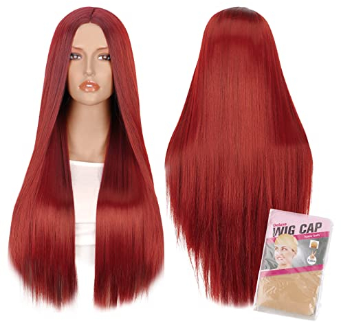 Halloween Perücke Rot Lange Hexe Perücken Cosplay Perücke Halloween Kostüm Mittelscheitel Kunsthaar 75cm lang + 2pcs Haarnetz für Halloween Kostümparty Karneval