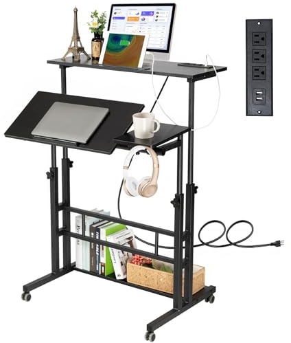 Hadulcet Stand Up Desk, Rolling Desk Adjustable Height, Mobile Standing Desk with Wheels & Charging Station, Portable Stand for Laptop, Rolling Computer Cart TV Tray, Small Standing Desk Drawing Table