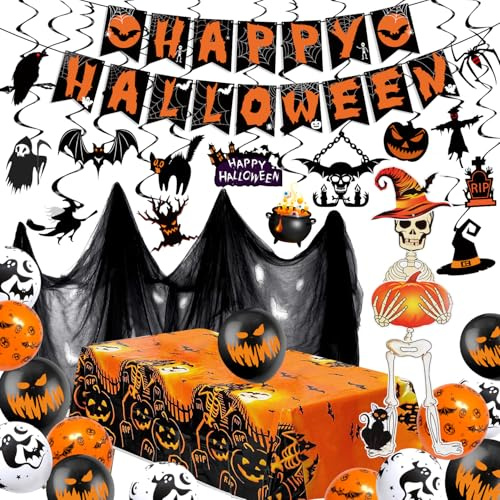 iZoeL Halloween Decorations Indoor Reusable Spooky Halloween Party Decorations Scary Balloons Hanging Swirls Skeleton Table Cloth Banner Black Cloth for Wall Outdoor Home School Office