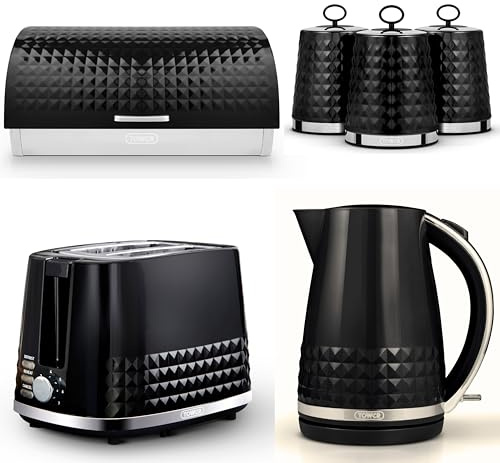 TOWER Solitaire Black 1.5L 3KW Jug Kettle, 2 Slice Toaster Bread Bin & Canisters. Matching Contemporary Design Kitchen Set of 6 in Black
