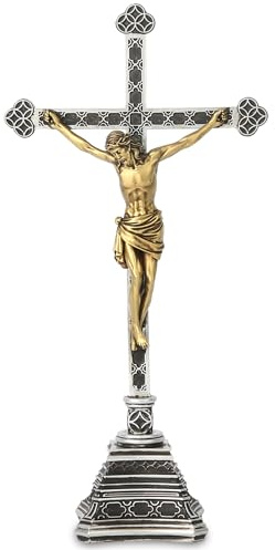 Grace4Joy Standing Crucifix - Table Crucifix with Stand Catholic Home Altar Decor, Hand Painted Jesus Cross with Base Holy Statue Religious Gifts 8 Inch High