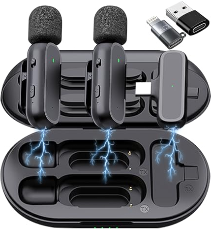 Caiord 2er-Pack kabelloses Mikrofon für Android, iPhone & iPad mit Adapter. Rauschunterdrückung, Clip-on-Mikrofon für YouTube, Aufnahme, Vlogging & Facebook Live-Streaming
