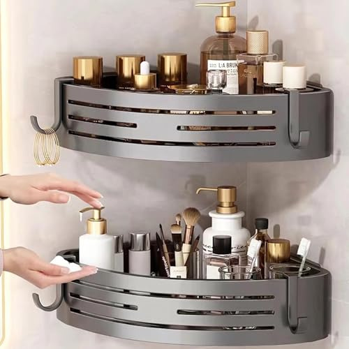 Duschablage ohne Bohren - Der perfekte Badezimmer Organizer! Eckregal für Dusche & Bad mit 4 Haken. Robustes Badregal aus Aluminium, wasserfest mit hohem Rand (Grey)