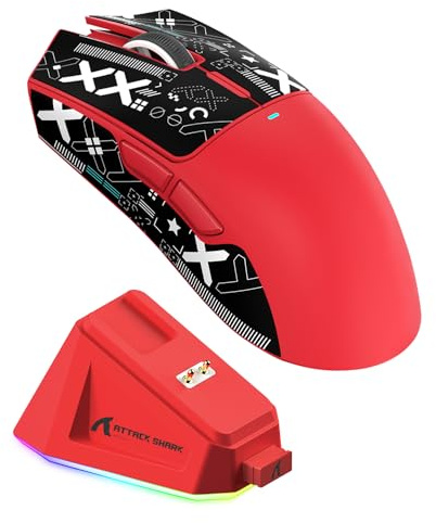 ATTACK SHARK X11 spelmus med magnetisk laddningsdocka, PixArt PAW3311 spelsensor, BT/2.4G trådlös/trådbunden spelmus med musgreppstejp, 22000 DPI, gamermöss för Win11/Xbox/PS/Mac (röd)
