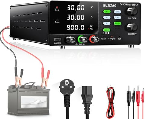 RUZIZAO Fuente de Alimentación Regulable 30V 30A, 900W Alta Potencia Laboratorio Fuente de Alimentación CC con Botón Codificador Carga de DC Baterías 6V 12V 24V de Memoria Funcionalidad/OCP Botón